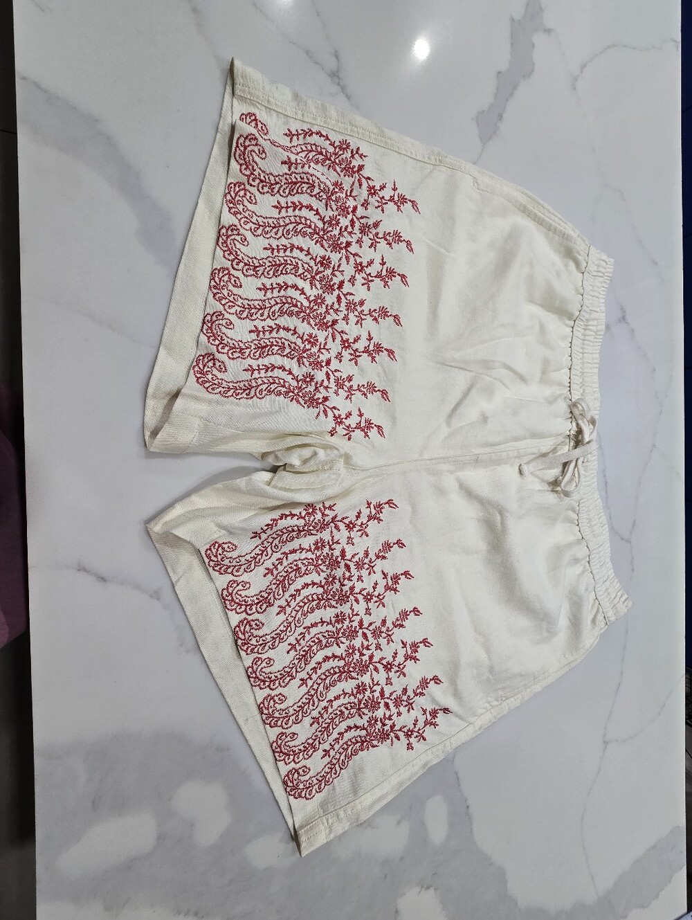 Refrain LA Women's XXL Linen Rayon Embroidered Drawstring Shorts Ivory Red New